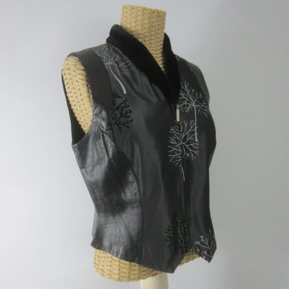 Vtg TAPP New York Womens M Black Gray Tree Print Lamb Leather Vest Fur Collar - Picture 2 of 13